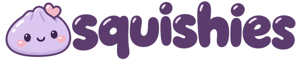 Squishies — logo violet avec petite mascotte lavande souriante