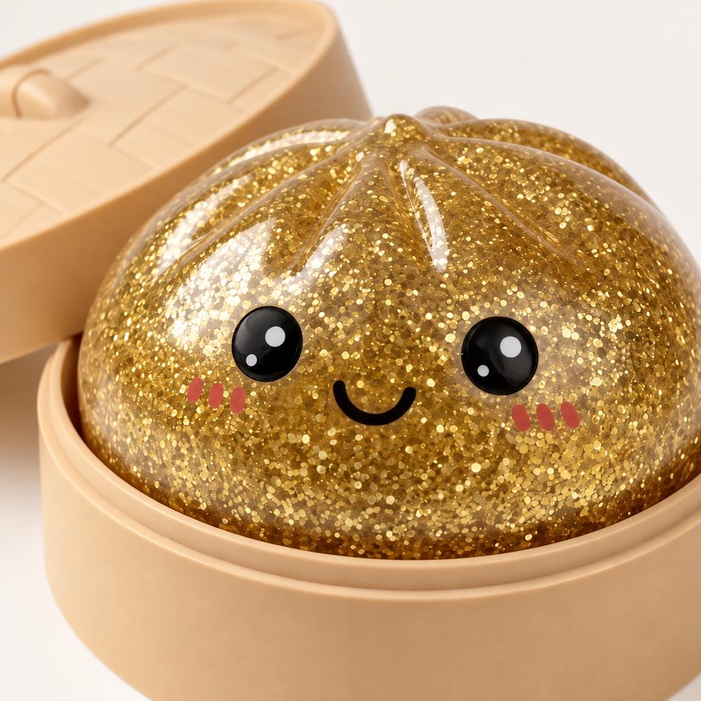 Squishy dumpling doré dans son panier — Vue détaillée