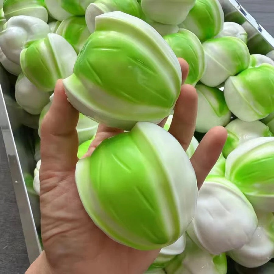 Deux squishies pistache blancs et verts tenus en main