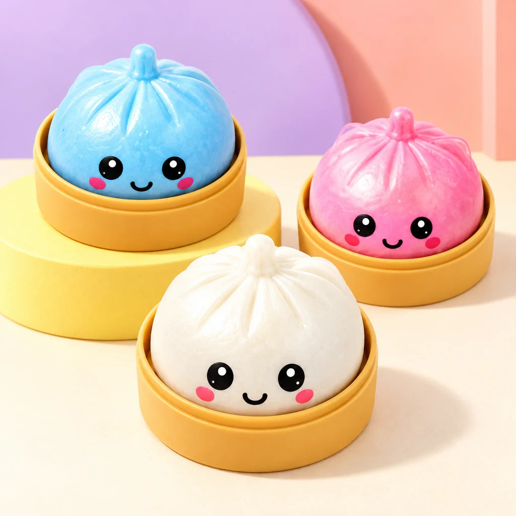 Sélection de squishies dumplings souriants en rose, bleu et blanc
